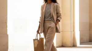 Woman in a creased sand linen blazer walks through a sunlit Parisian courtyard, dark hair loose, pale plaster walls behind he