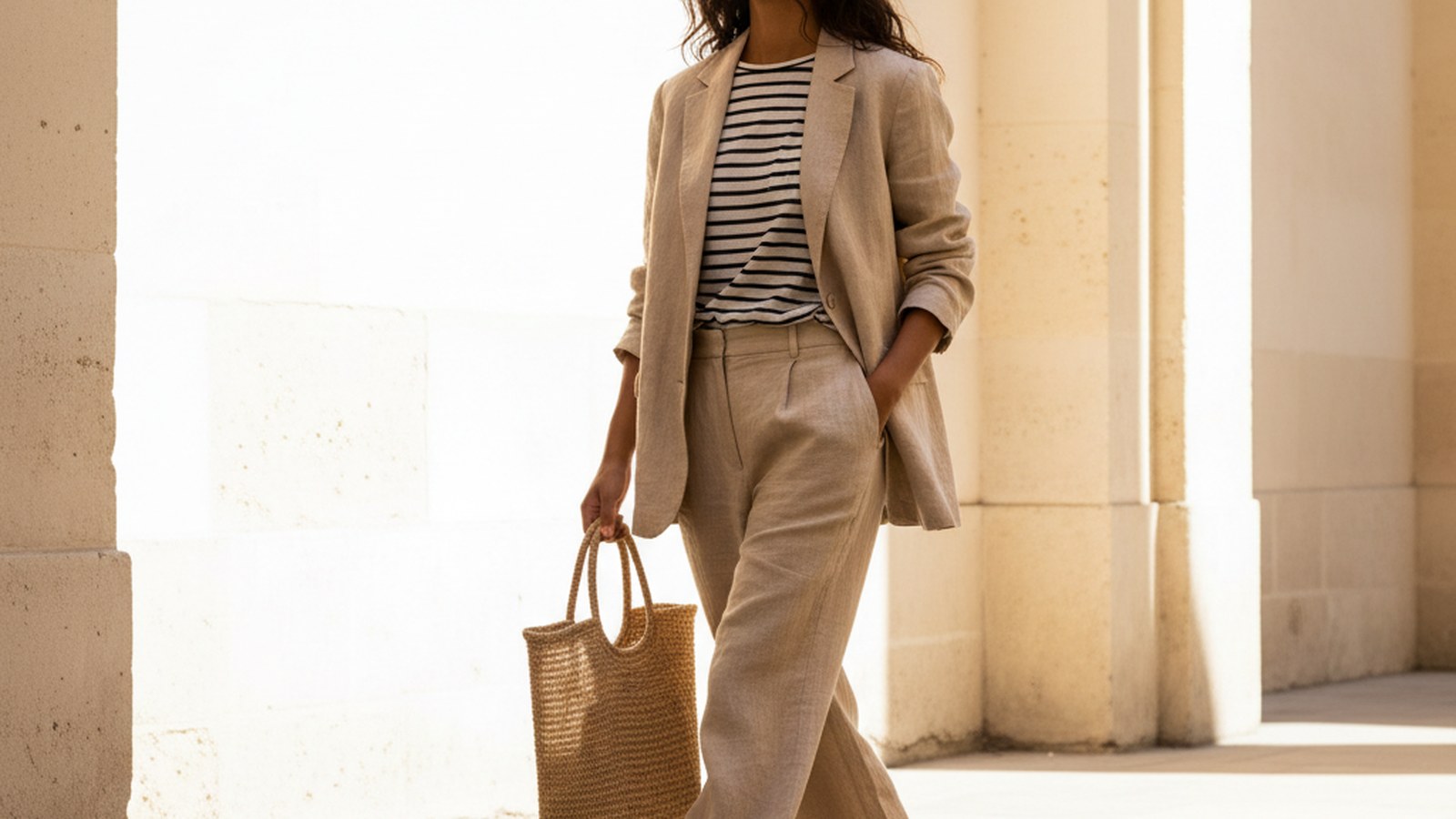 Woman in a creased sand linen blazer walks through a sunlit Parisian courtyard, dark hair loose, pale plaster walls behind he