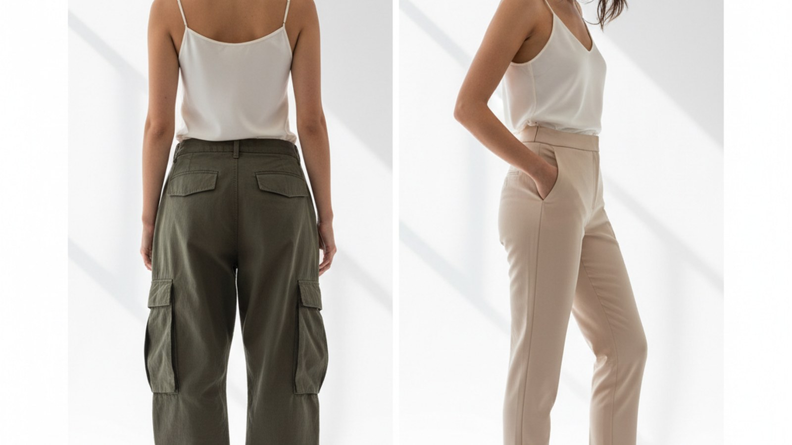Woman in tailored trousers poses against white studio backdrop, hair loosely pulled back, face turned away from camera.