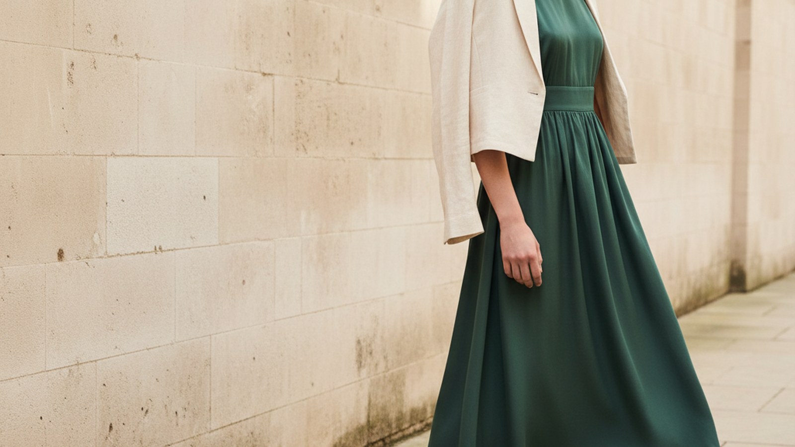 Woman in profile wearing a bottle-green empire-line midi dress, loose dark hair falling forward, standing against a pale ston