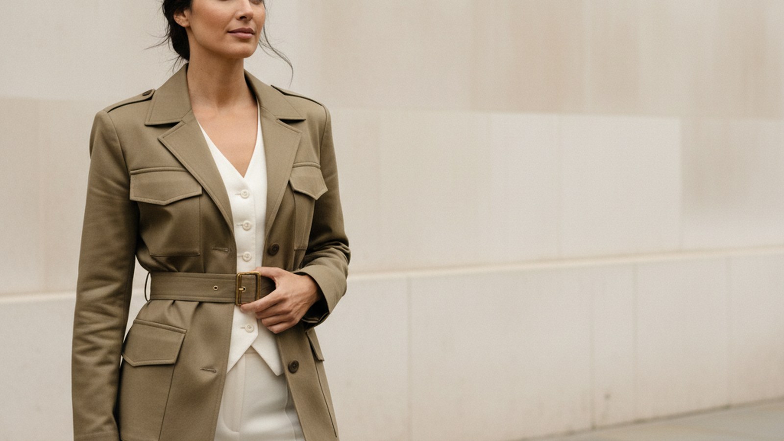 Woman in sand-khaki belted utility jacket over white silk vest and ivory wide-leg trousers, standing on a London pavement.