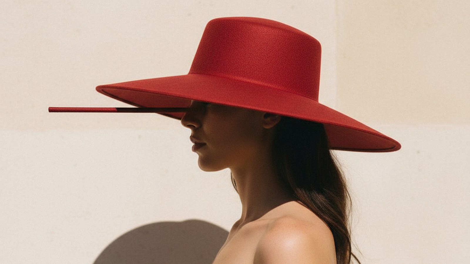 Woman in a wide-brimmed deep red hat, shot in three-quarter profile, bare shoulder visible against a pale stone wall in brigh