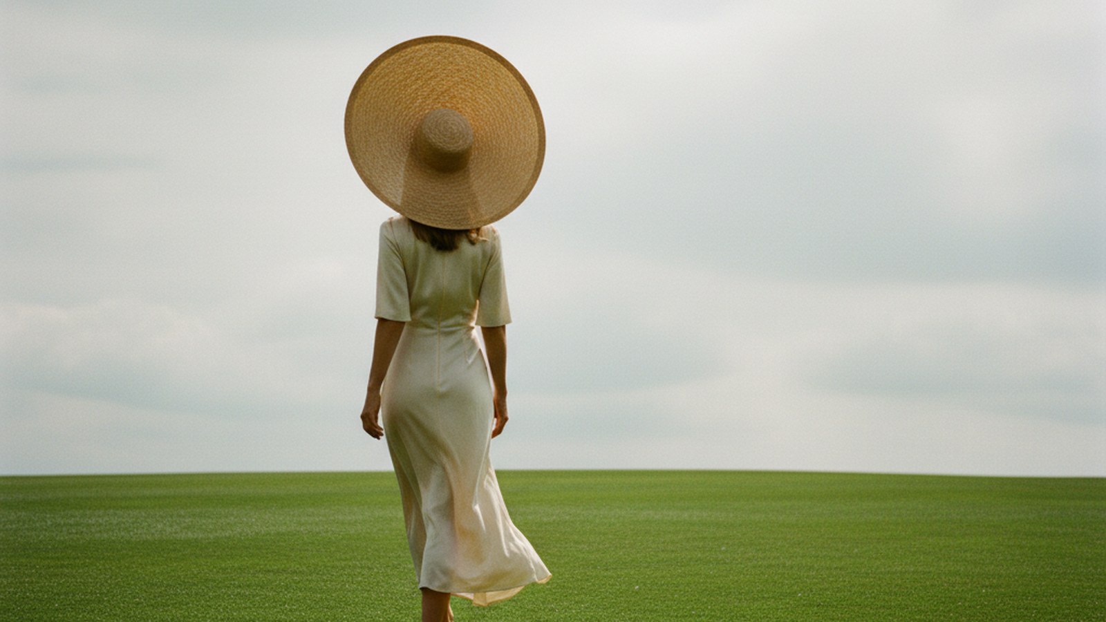 Woman in ivory-champagne silk midi dress walking away across a bright emerald lawn in strong sunlight, casting a long shadow.