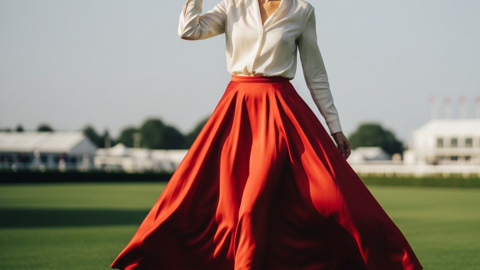 Woman walking across manicured lawn wearing a flowing tomato-red silk maxi skirt billowing in the breeze, paired with a forma