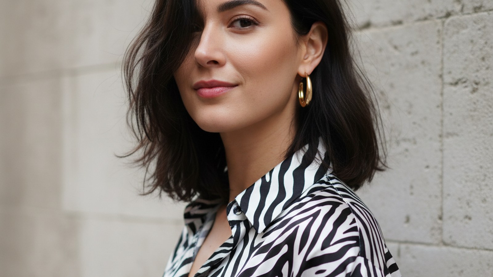 Woman in zebra-print silk blouse, chin lifted, shot from chest up against pale stone wall in overcast daylight.