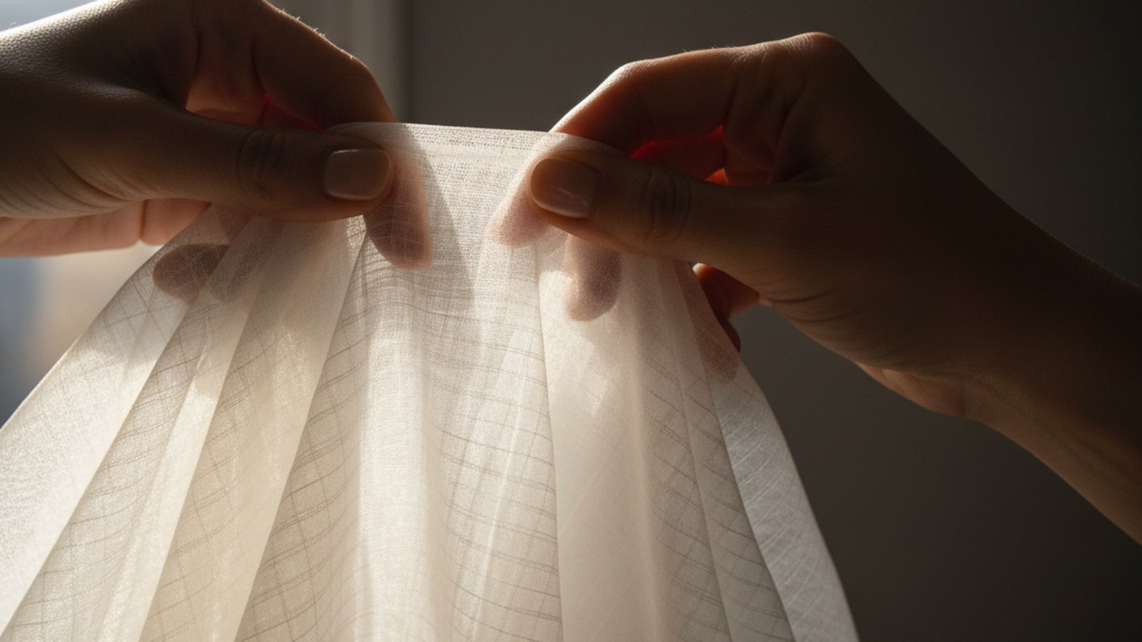 Manicured hands with nude nails pinch pale ivory organza fabric, light passing through the sheer weave in a close-up detail s