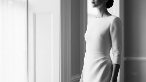 Woman wearing a structured ivory crepe midi dress, photographed in black-and-white beside tall sash windows.