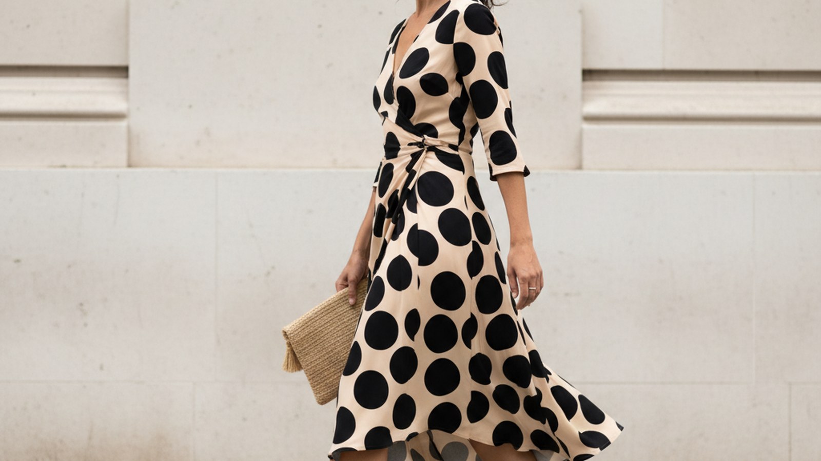 Woman walking along a London street in a cream bias-cut midi dress with large black polka dots, hem lifting in the breeze, ho