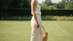 Woman in cream linen wide-leg trousers and ivory silk camisole stands in profile on a sunlit garden lawn.