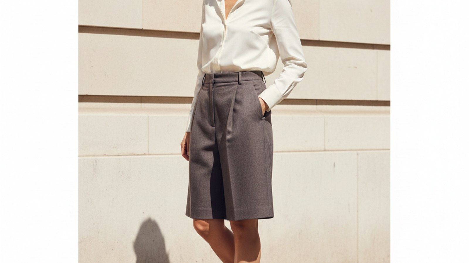 Woman mid-stride on a sunlit London pavement wearing high-waisted pleated charcoal wool-crepe shorts, one hand in pocket, chi