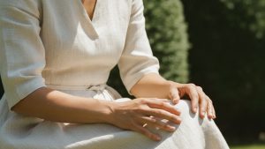 Woman in pale oatmeal linen midi dress seated outdoors, hand smoothing visible creases in fabric at midday.