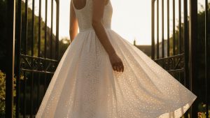 Woman in white broderie anglaise sundress walking through garden gate, full skirt lifted by breeze, eyelet detail visible in