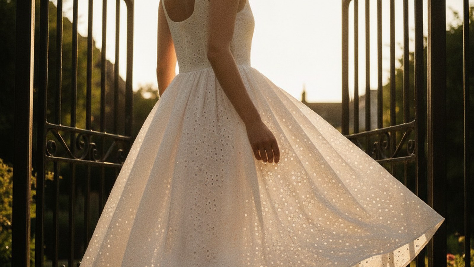 Woman in white broderie anglaise sundress walking through garden gate, full skirt lifted by breeze, eyelet detail visible in