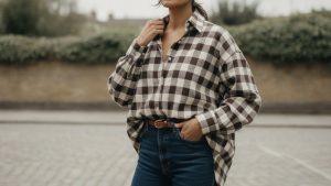 Woman adjusting the collar of an oversized chocolate brown and cream jumbo gingham shirt, standing on uneven stone pavement.