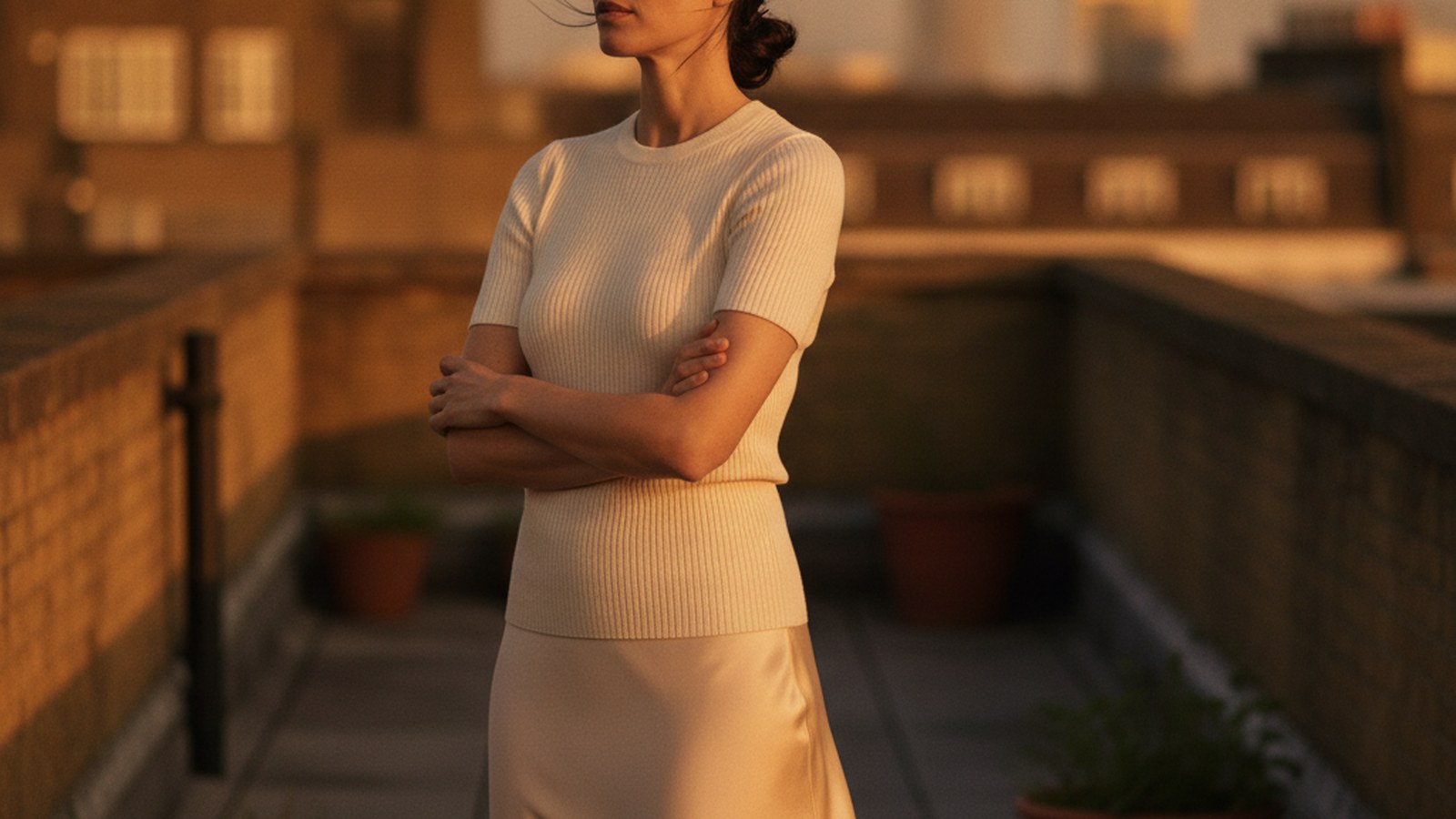 Woman on London rooftop at golden hour wearing ivory fine-knit shell top tucked into a champagne midi skirt, arms folded.