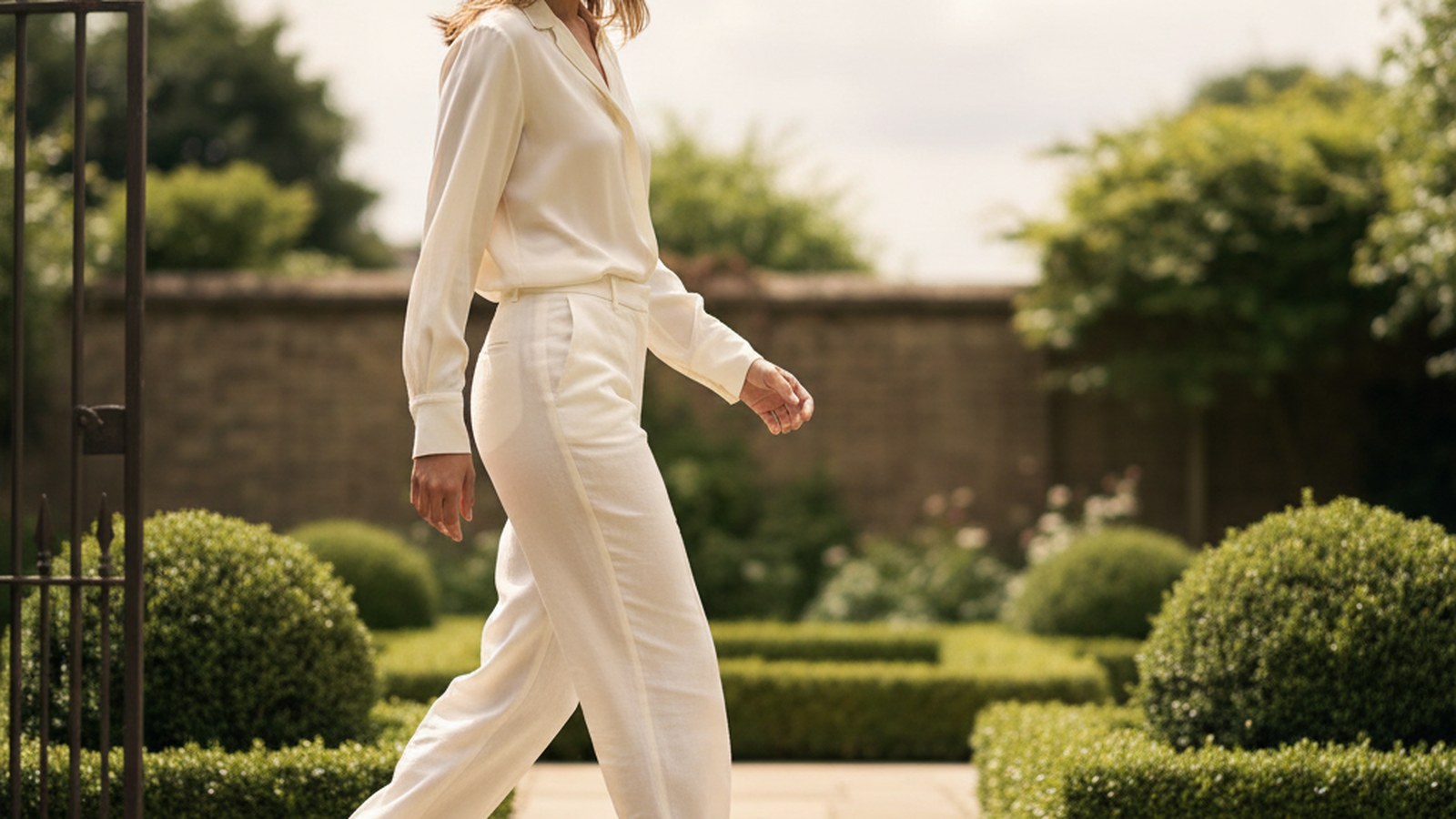 Woman walking in garden wearing cream wide-leg linen trousers and ivory silk blouse, light brown hair falling across her face