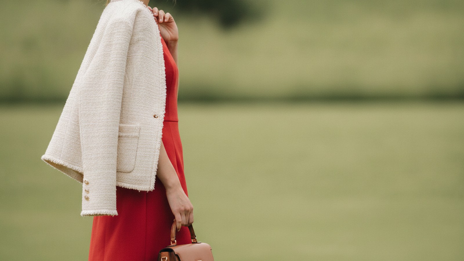 Woman in a tomato-red structured midi dress stands on a sunlit English lawn, soft sage green garden background behind her.