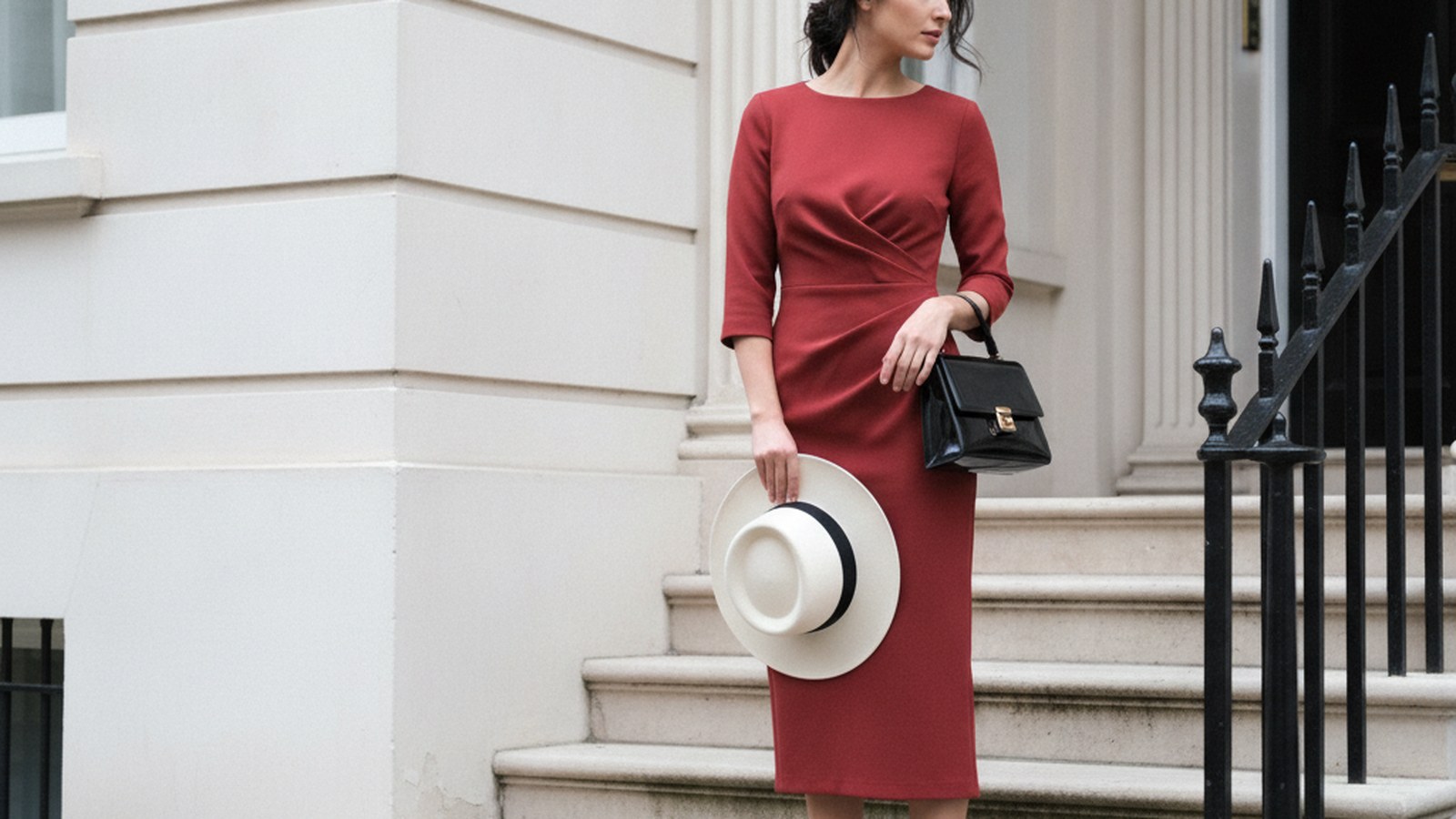Woman in a fitted matte crepe midi dress in deep red stands on pale stone steps of a Georgian townhouse in natural daylight.