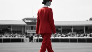 Woman in a vivid red wide-leg trouser suit photographed from behind, walking through a sunlit racecourse paddock.