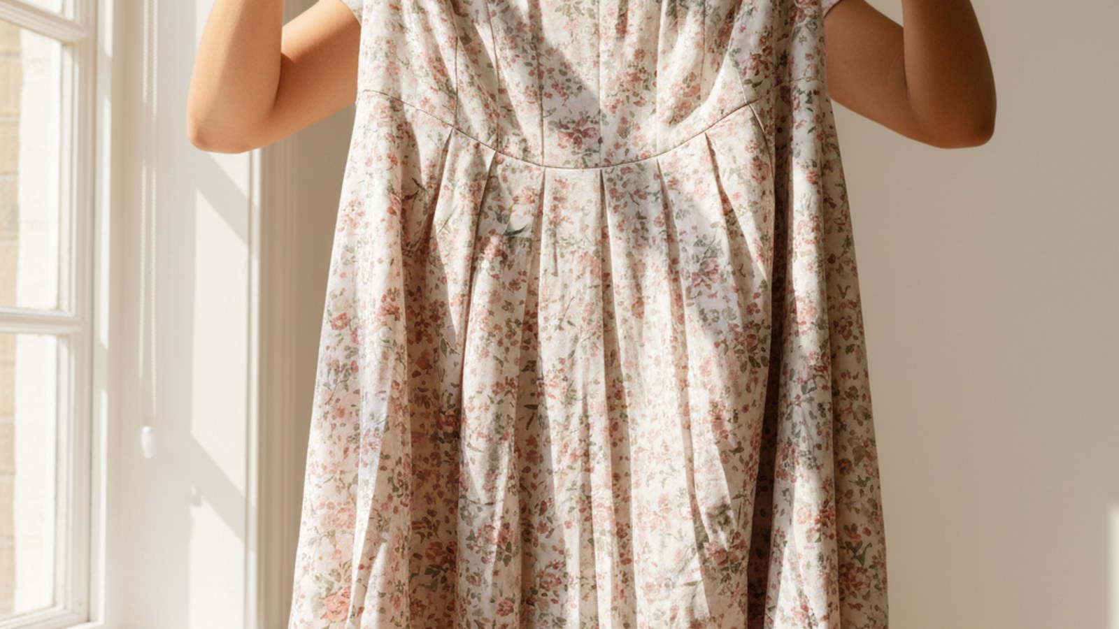 Woman holding up a crumpled, distorted floral viscose midi dress with an uneven, puckered hemline suggesting shrinkage.