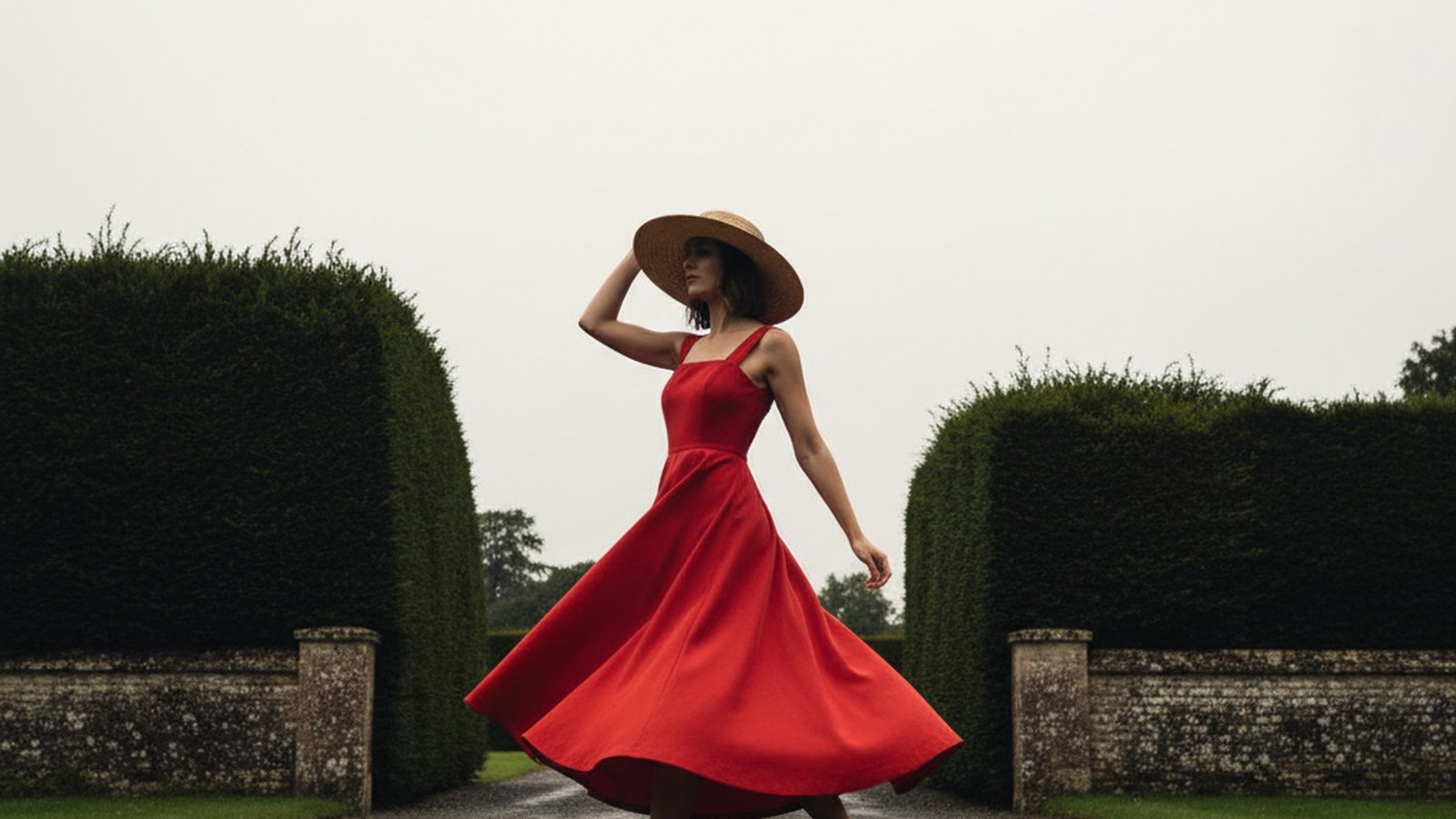 Woman mid-stride in a tomato-red midi dress with wide straps and flared skirt, one hand pressing a straw hat, on a damp grave