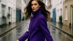Street style look combining a funnel-neck jacket, royal purple knit and dark chocolate suede bag styled for FW26