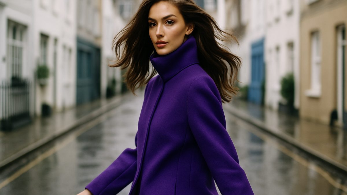 Street style look combining a funnel-neck jacket, royal purple knit and dark chocolate suede bag styled for FW26