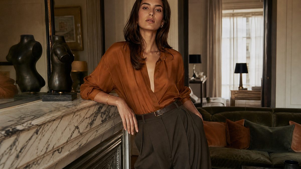 Woman in oversized Toteme blazer, tailored shorts and chocolate brown leather bag illustrating SS26 minimalist styling