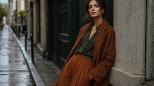 Model wears wide-leg cotton trousers and fitted ribbed vest in the pared-back no fuss no frills style favoured by London editors