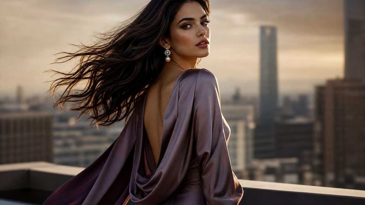 Model wearing a matte satin liquid-metal skirt with a clean neutral knit, illustrating the intelligent shine trend for AW25