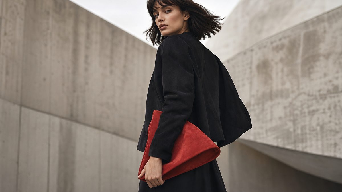 Suede jacket, mocha tones and a squishy east-west bag styled in a British autumn street setting