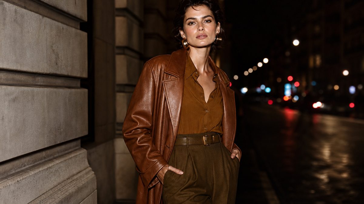 Woman in wide-leg wool trousers, brown suede coat and pointed flats styled in quiet luxury AW25 look