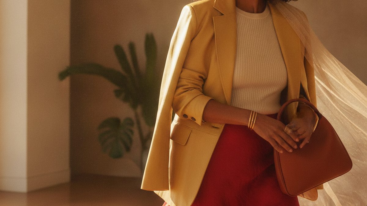 Model wearing a hammered silk midi slip skirt with a structured blazer and kitten heels, styled in the Victoria Beckham manner