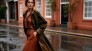 Cobalt blue taffeta wide-leg trousers styled with a slim tucked top and kitten heels on a London street
