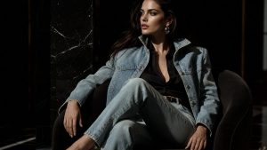 Street style look featuring red stovepipe jeans styled with a tonal jacket, referencing the 2026 red denim trend