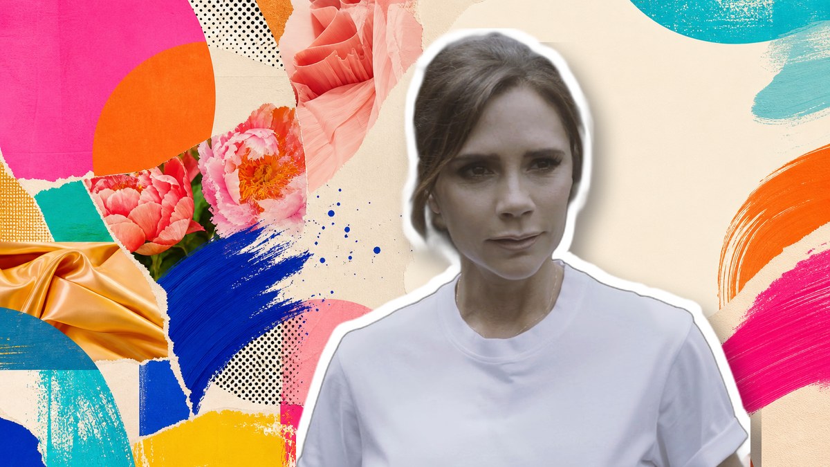 Victoria Beckham editorial collage over a colourful fashion magazine background