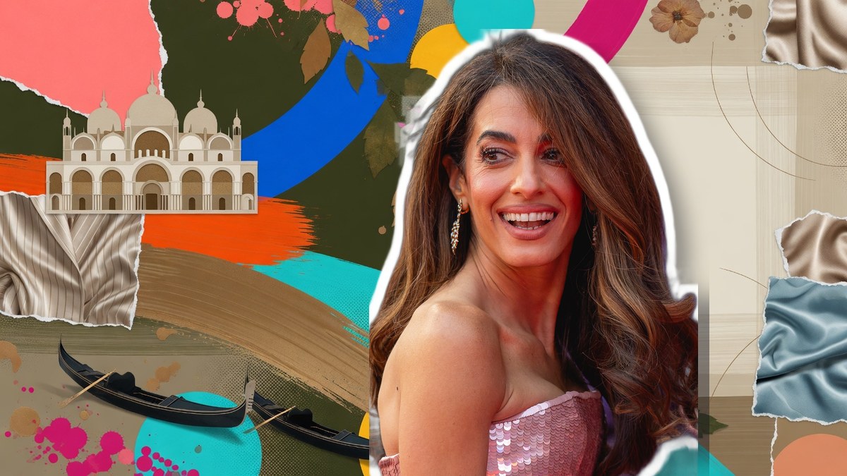 Amal Clooney wearing an olive green Tom Ford shorts suit at the Venice Film Festival 2026 in Venice