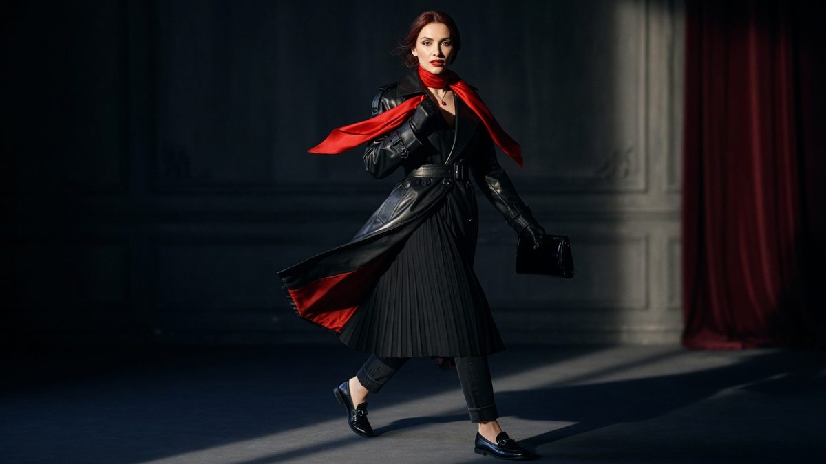 Belted gabardine trench coat worn over a fine-knit crewneck, straight-leg jeans and loafers on a Paris street