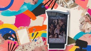 Backstage beauty kit at London Fashion Week with primers, cream blushes and hair volumisers laid out before a show