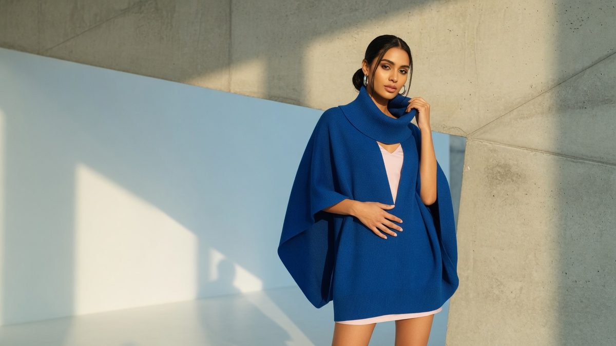 A cobalt blue knitted cape jumper styled with wide-leg tailored trousers and tan ankle boots