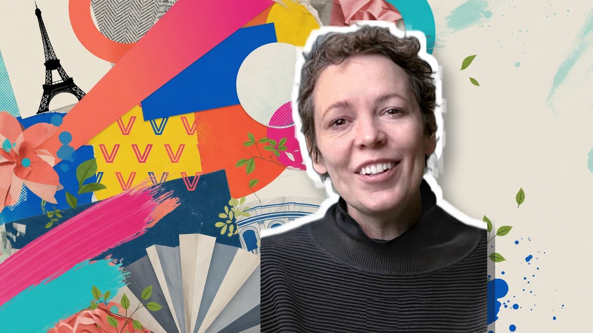 Olivia Colman in an oversized blazer layered over a V-neck sweater at the Miu Miu Spring 2027 show
