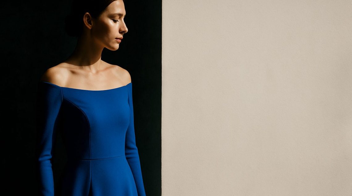 UK bride wearing a minimalist column wedding dress in silk crepe with square neckline