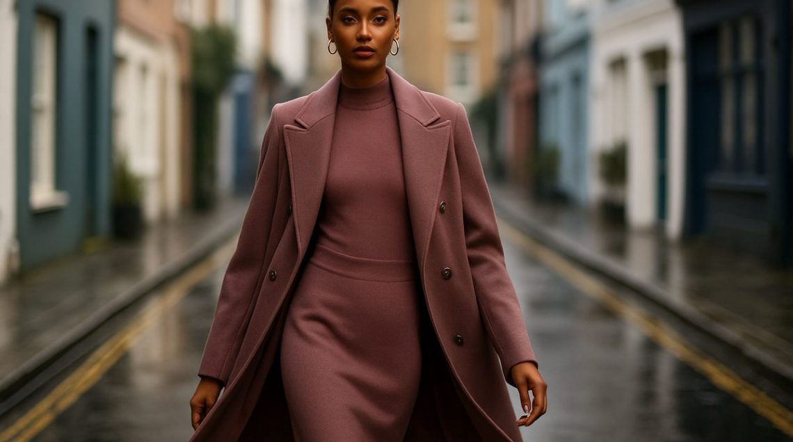 If your skin’s got an undertone, dressing for it just became fashion’s smartest power move Model in Mocha Mousse tailoring styled to complement deeper skin undertone for AW25 season