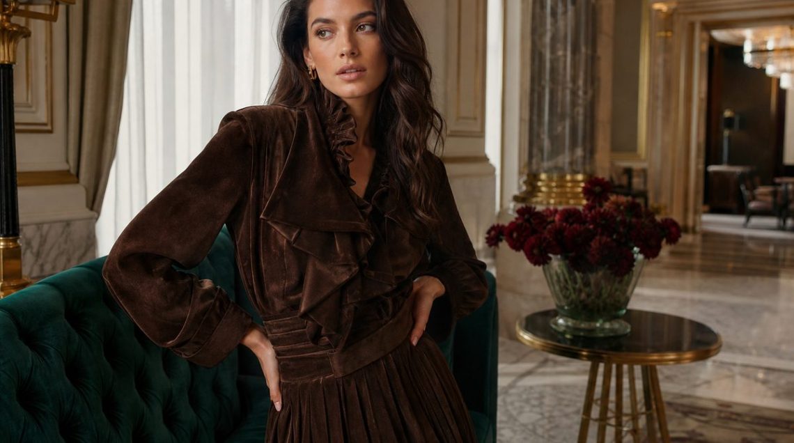 London fashion editor wearing chocolate brown suede jacket and coloured tights in early August, previewing A/W 26 trends