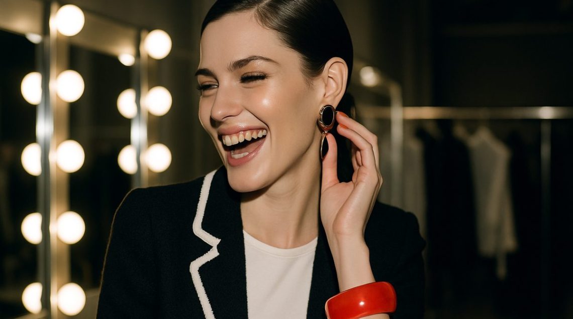 Stack of sculptural resin bangles in bold contrasting colours worn on a bare arm, echoing Chanel and Saint Laurent runway styling