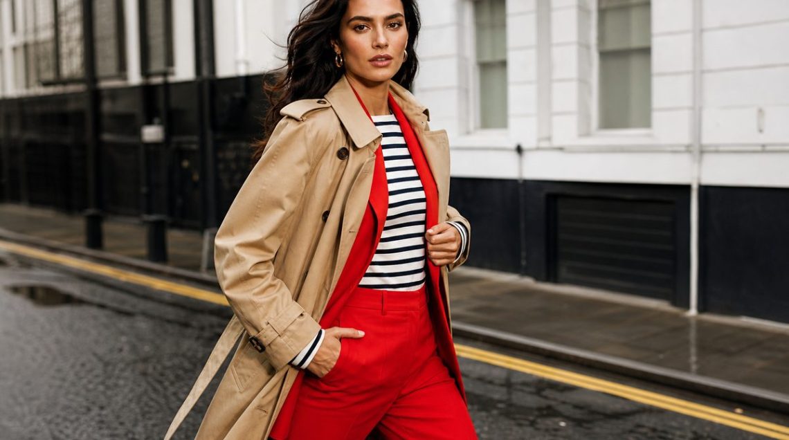 The 7 classic trends every British wardrobe needs (and the one tweak that stops them looking dated) Woman in a camel trench coat, Breton stripe top and tailored wide-leg trousers walking on a London street