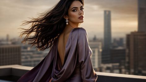 Model wearing a matte satin liquid-metal skirt with a clean neutral knit, illustrating the intelligent shine trend for AW25