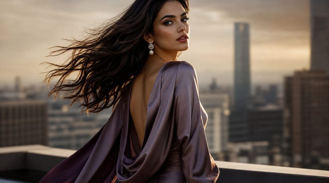 Model wearing a matte satin liquid-metal skirt with a clean neutral knit, illustrating the intelligent shine trend for AW25