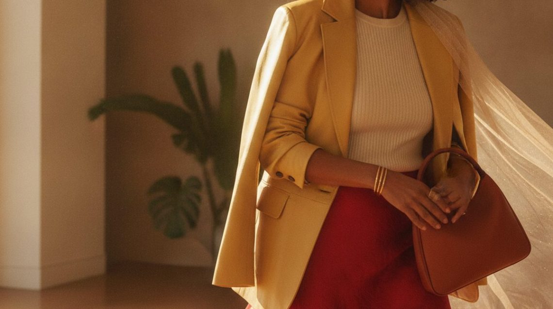 Model wearing a hammered silk midi slip skirt with a structured blazer and kitten heels, styled in the Victoria Beckham manner