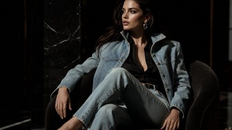 Street style look featuring red stovepipe jeans styled with a tonal jacket, referencing the 2026 red denim trend